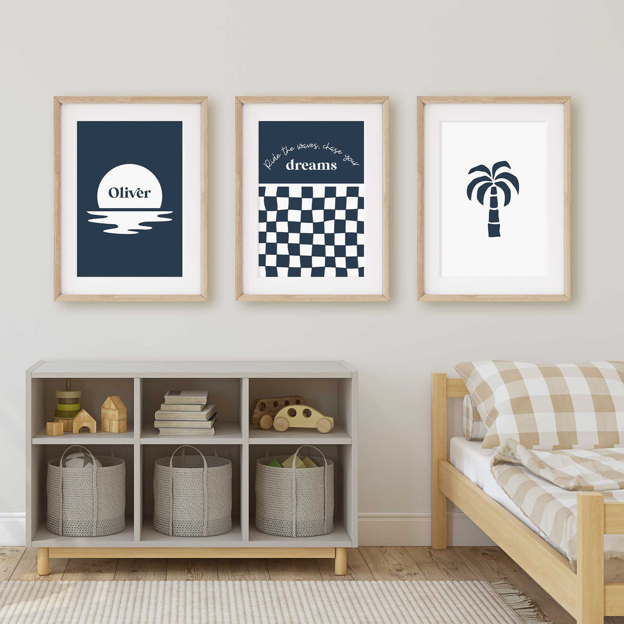 Modern nursery decor prints in navy and white featuring a tropical vibe, customizable name design, and inspirational kids quote