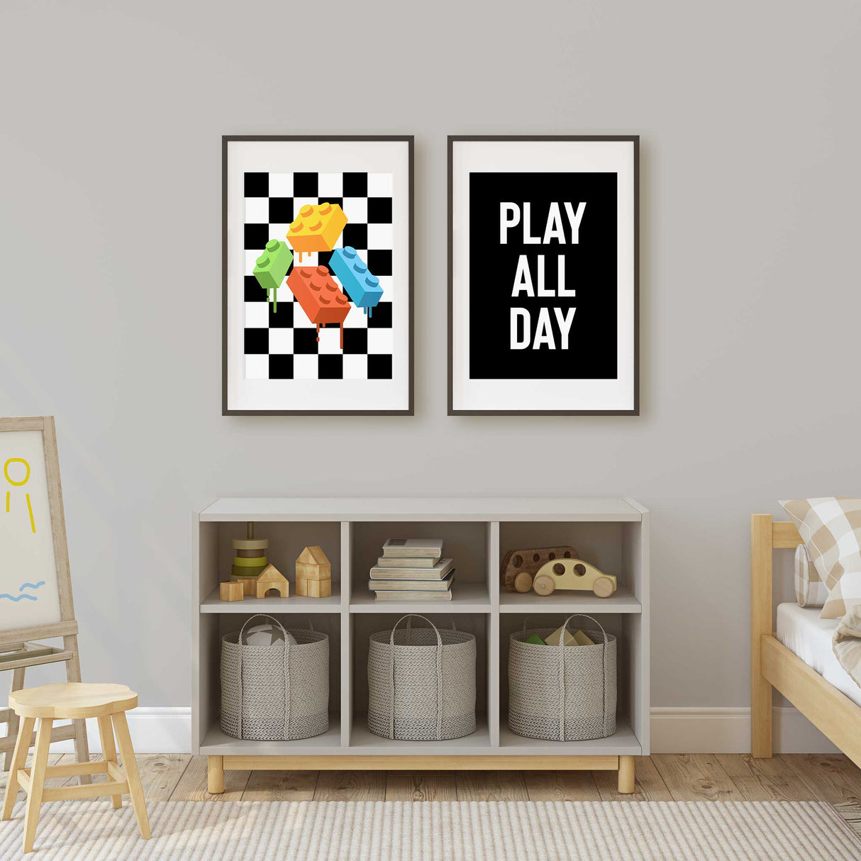 Creative blend of 'PLAY ALL DAY' text in bold white font and brightly coloured melting LEGO bricks with paint dripping, set against a black and white checkerboard backdrop.