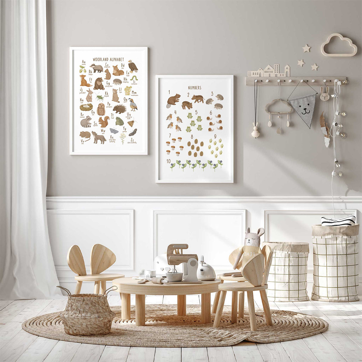 Kids room alphabet and numbers wall art set with woodland animals and nature details