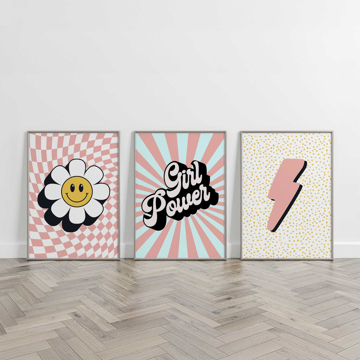 Set of playful kids' prints featuring daisy flower, empowering Girl Power quote, and lightning bolt on fun pastel backgrounds