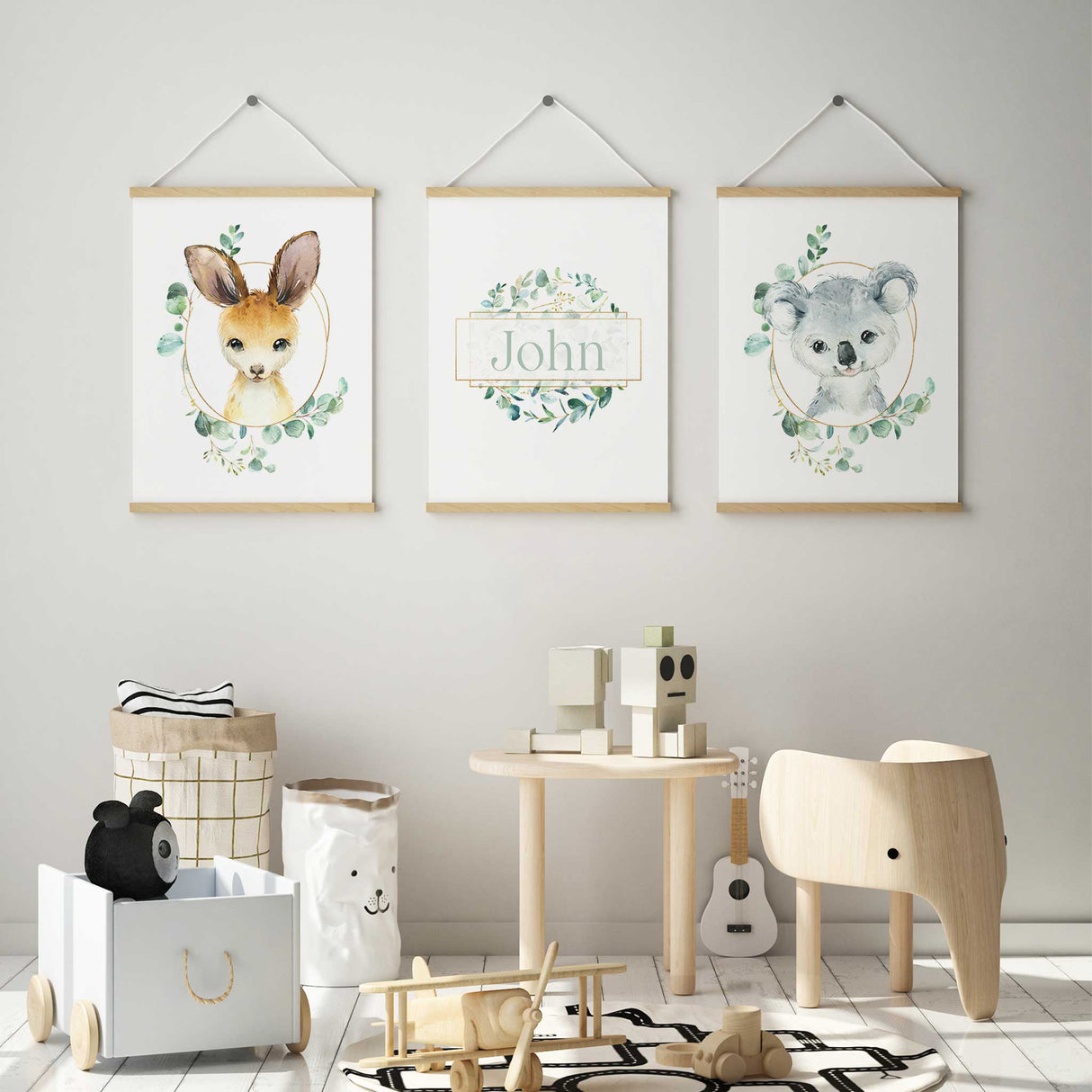 Koala and kangaroo watercolour wall art set with personalised name print