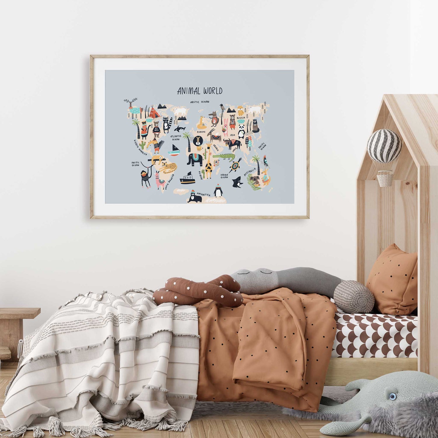 Children's world map print with animals and adventure-themed icons