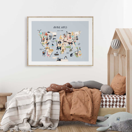 Children's world map print with animals and adventure-themed icons