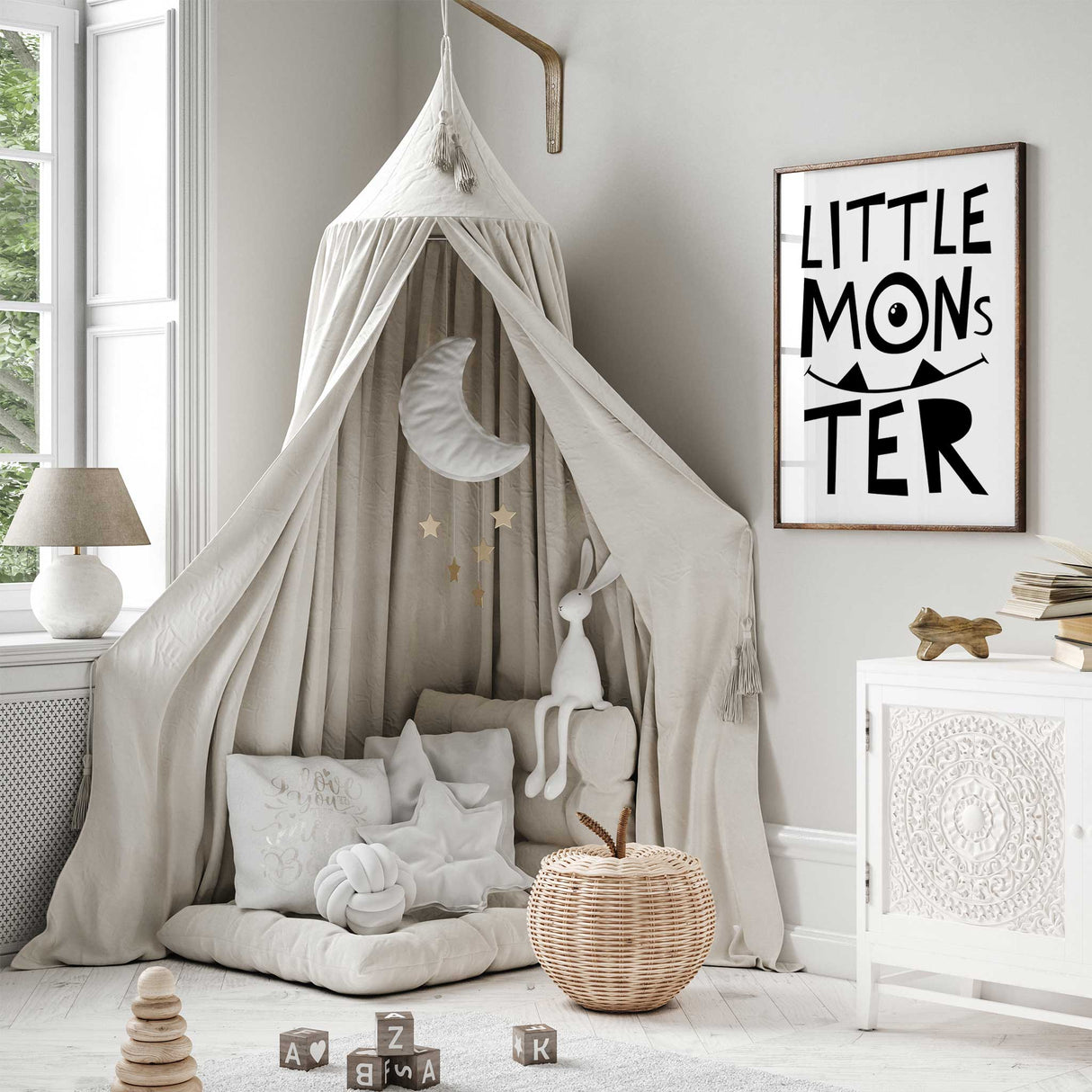 Whimsical Monster Wall Art Fun and black and white typography Design for Nurseries