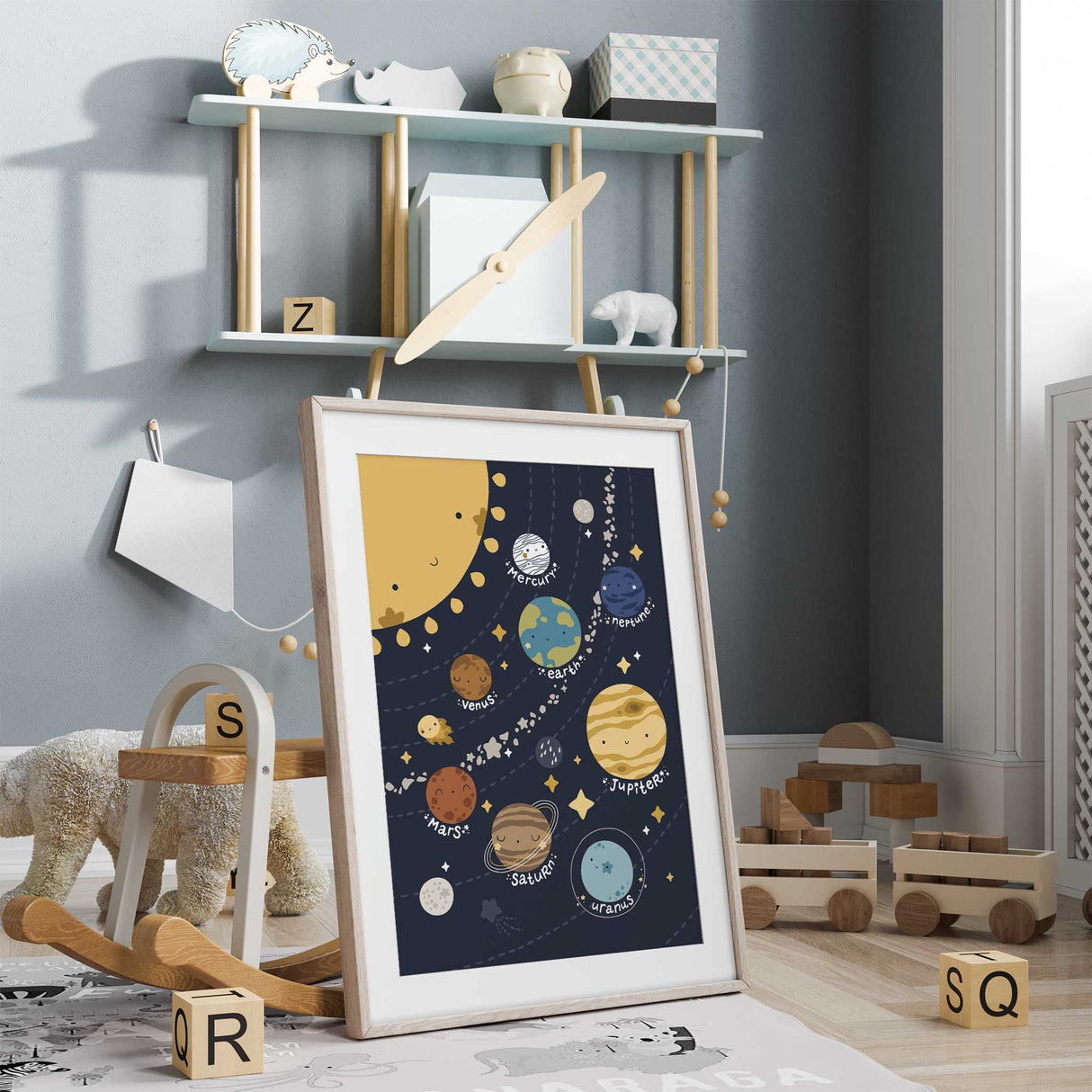 Illustrated planets nursery art with cheerful faces