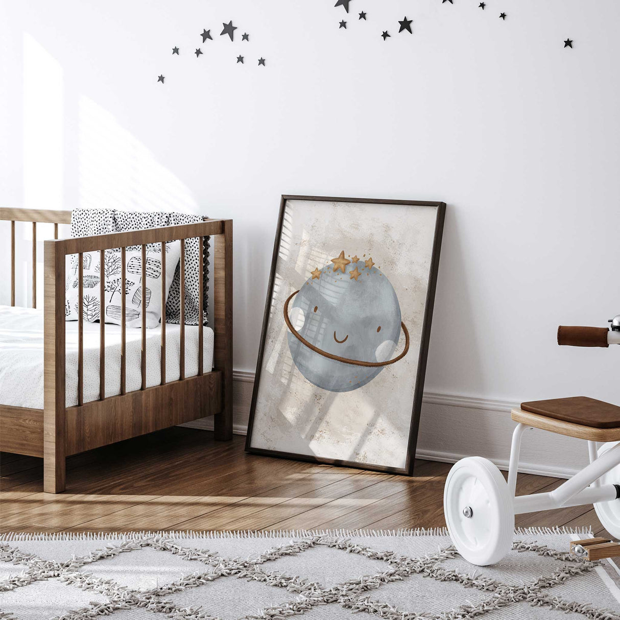 Space wall art print with smiling planet for kids bedroom decor