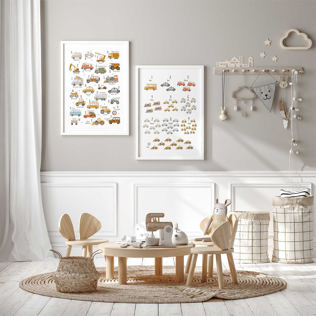 Kids transport learning prints showing alphabet vehicles and counting illustrations.