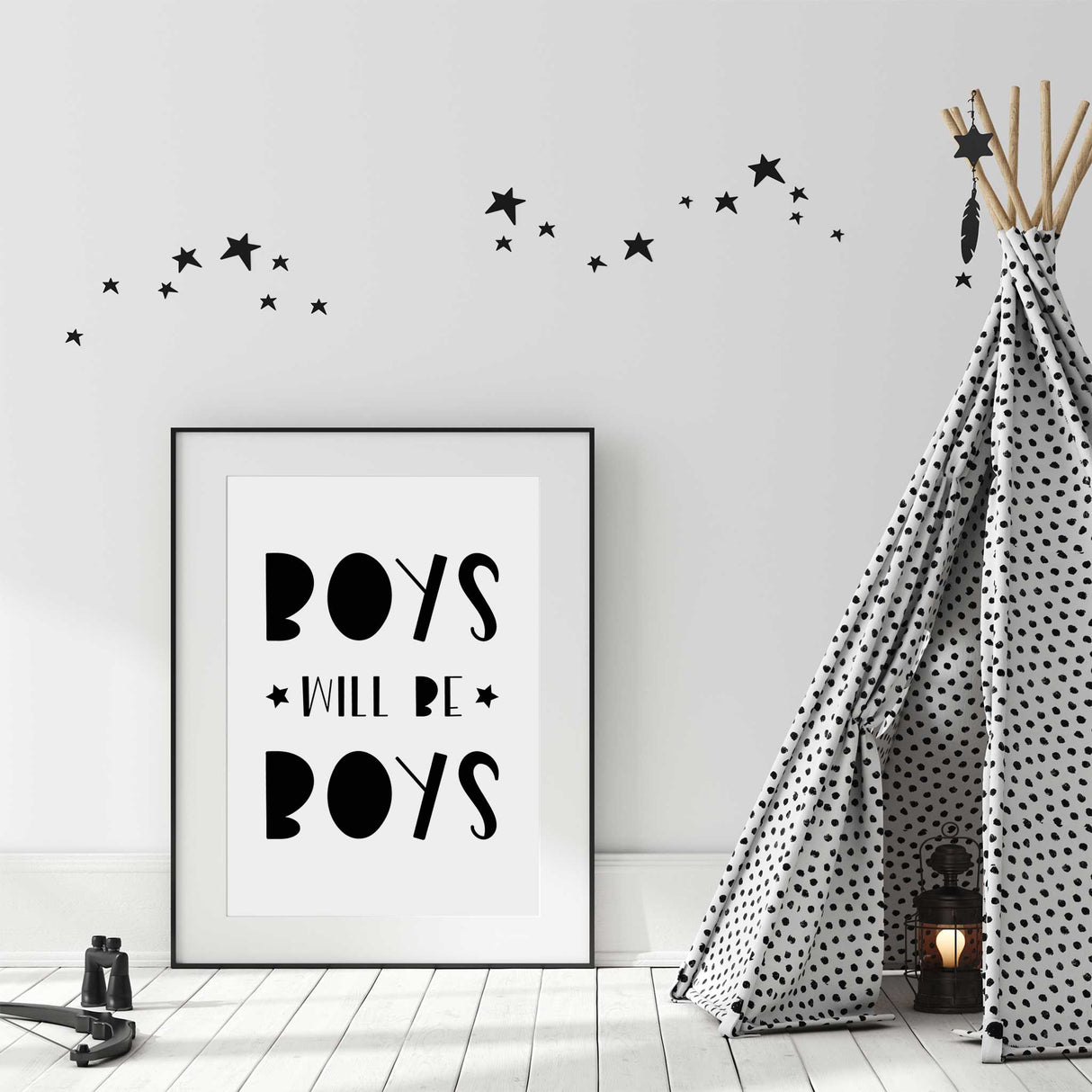 Quote wall art for boys nursery or bedroom featuring Boys Will Be Boys in modern typography