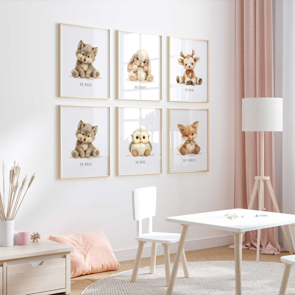 watercolour woodland animal wall art set of six with gentle affirmation quotes for nurseries and playrooms