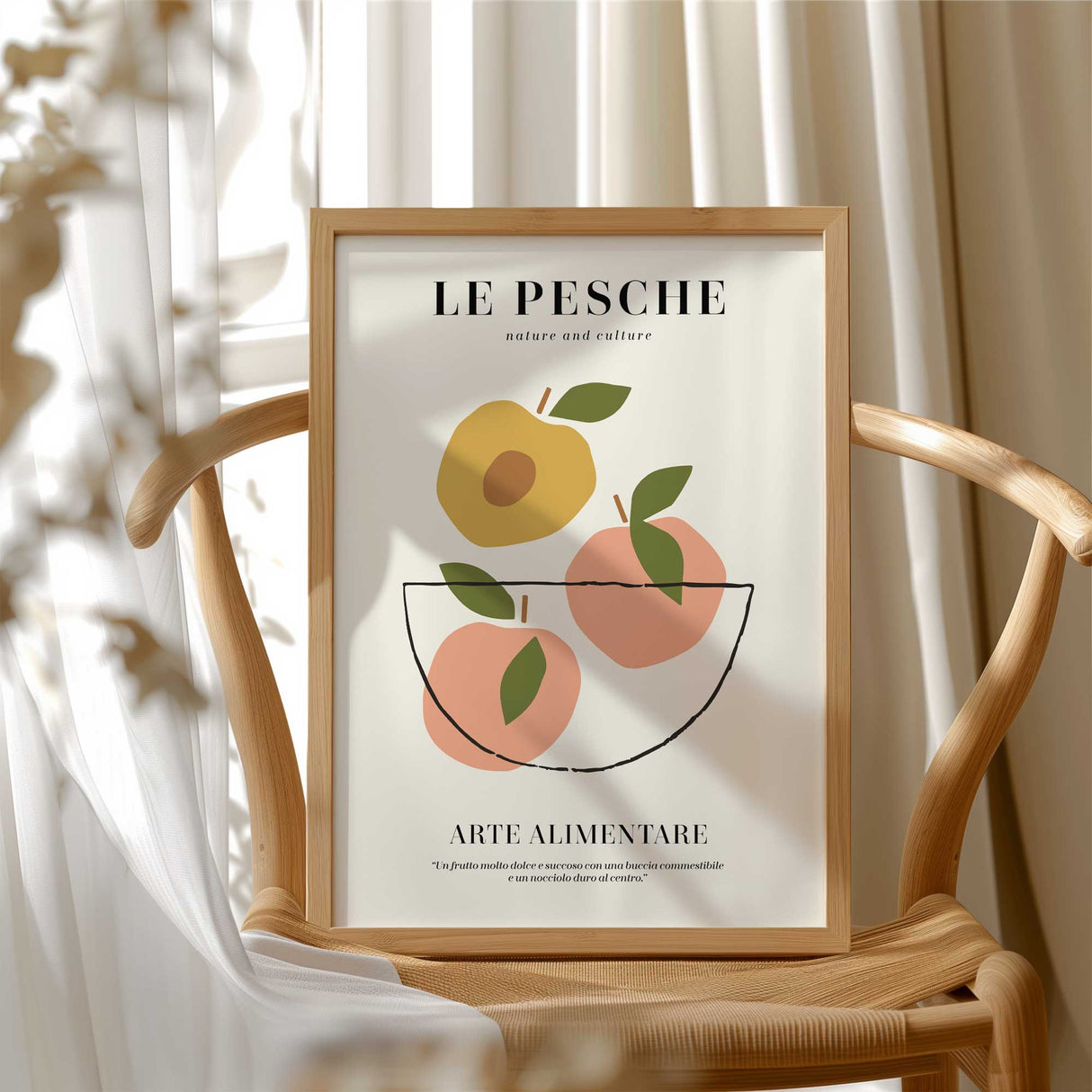Modern Italian kitchen wall print with abstract peach artwork and elegant text for food-inspired décor