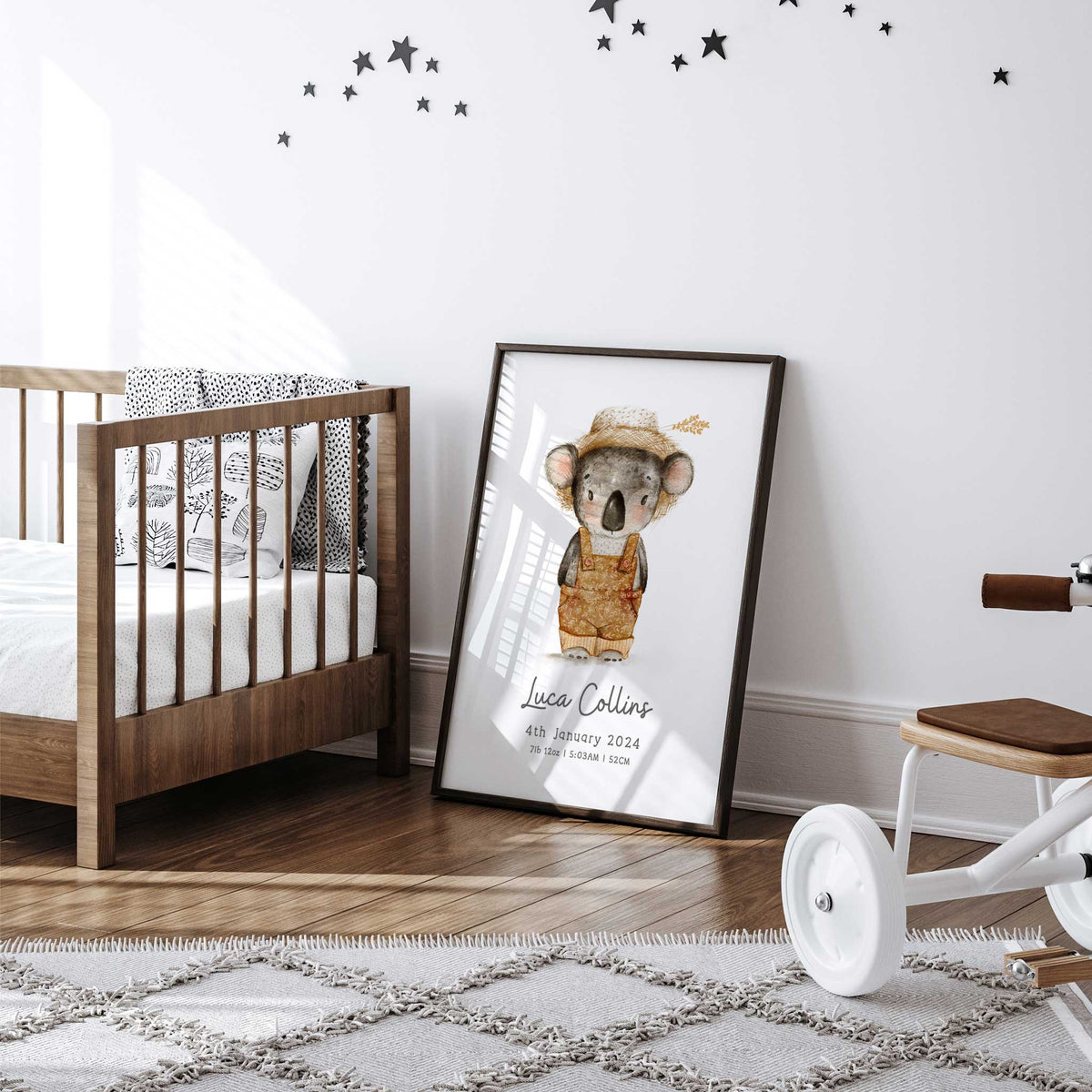 Koala nursery name print with a dressed Australian animal and the baby’s full name and birth details underneath