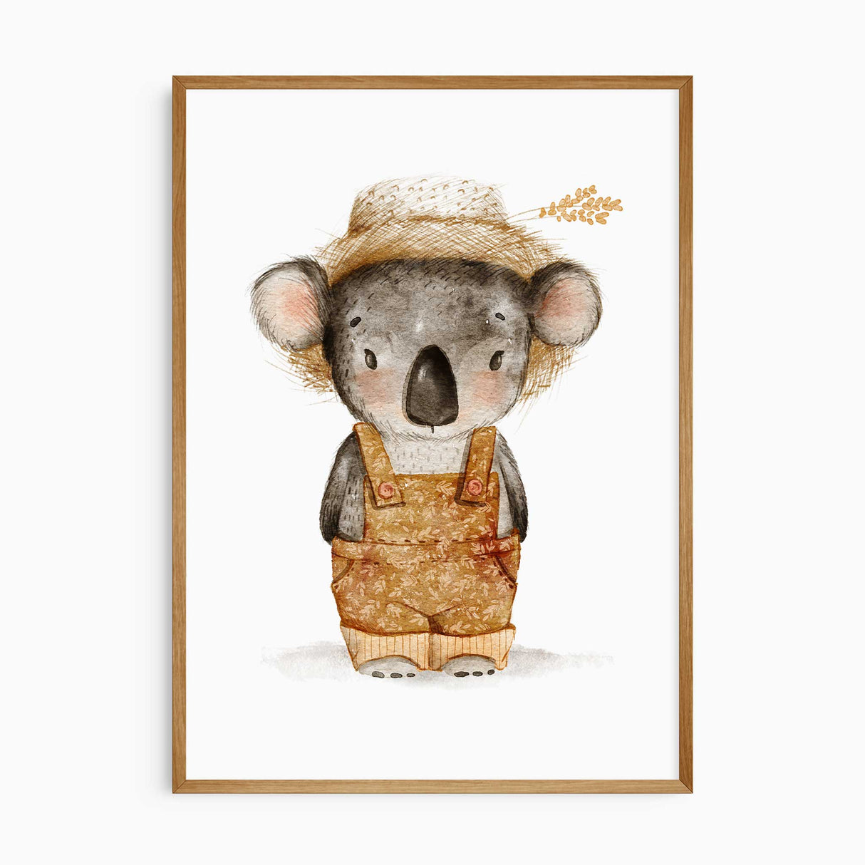 Koala nursery print in farmer outfit, Australian animal wall art for kids’ bedroom.