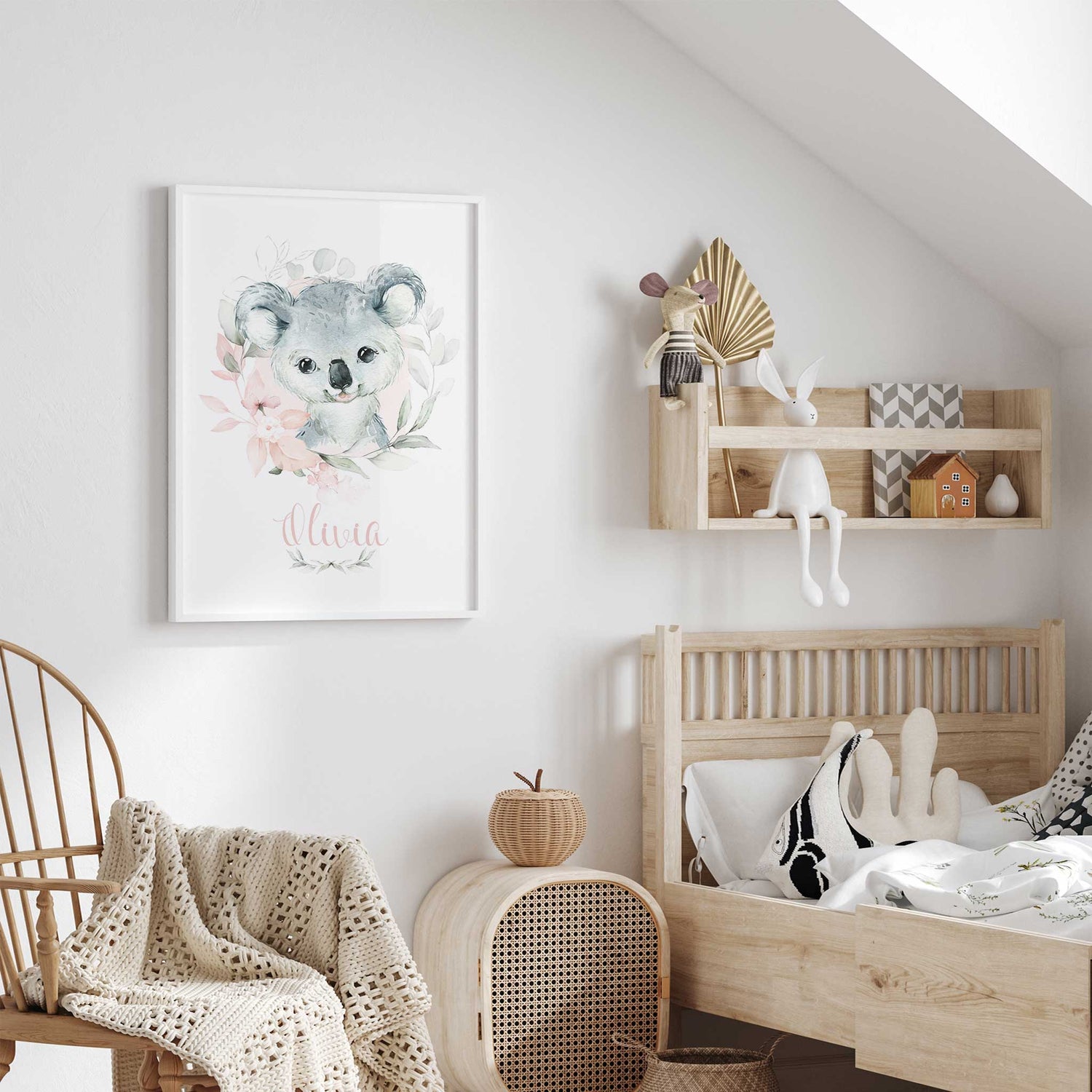 Koala nursery print with custom name and watercolour florals, ideal gift for newborns and toddlers