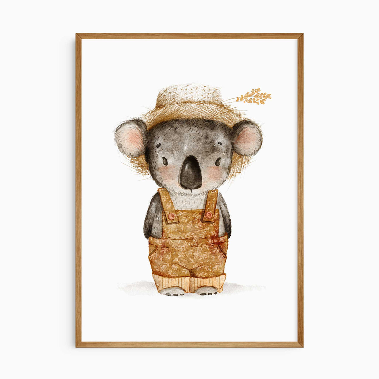 artwork of a koala wearing a hat and overalls on a white background