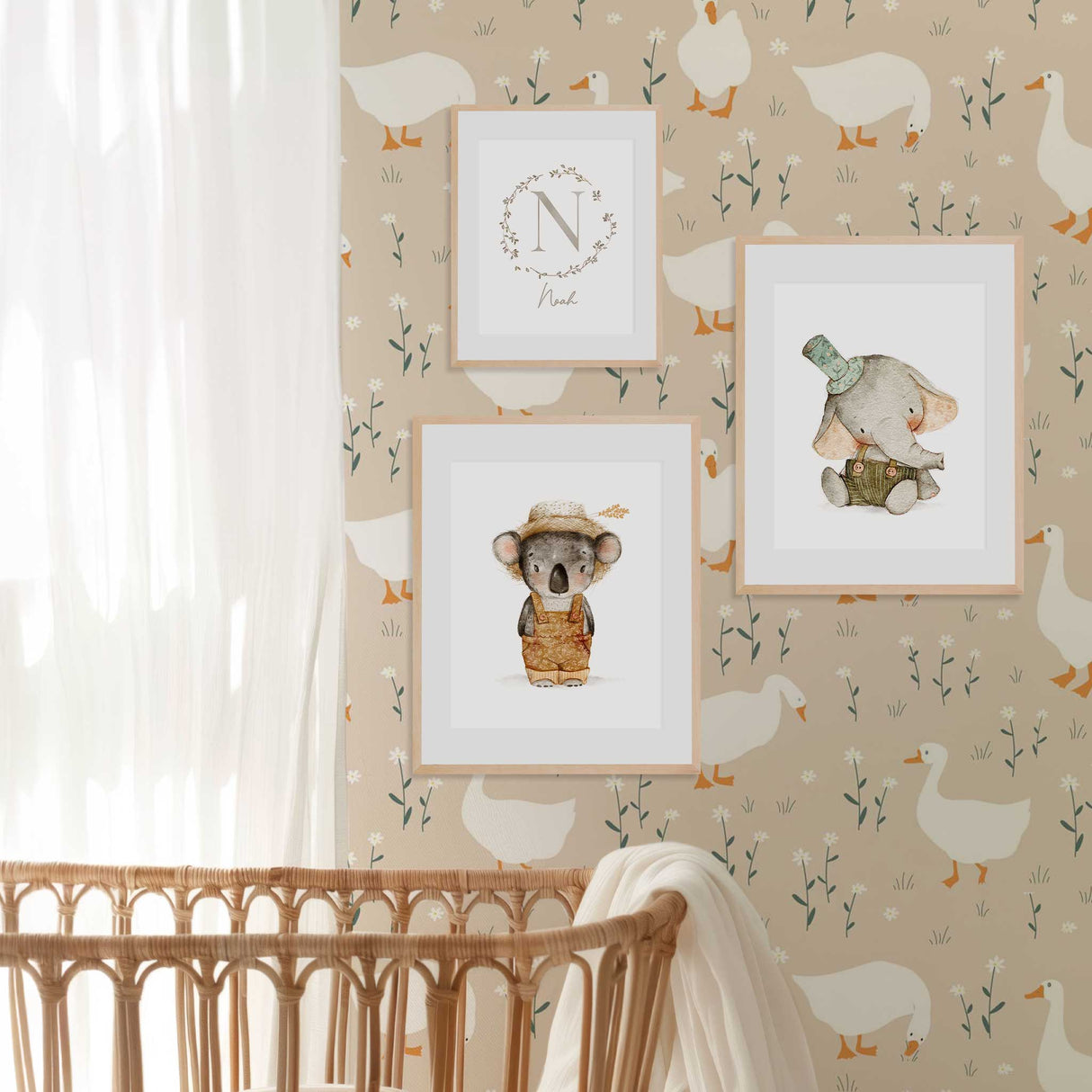 Watercolour koala nursery wall art wearing overalls and straw hat