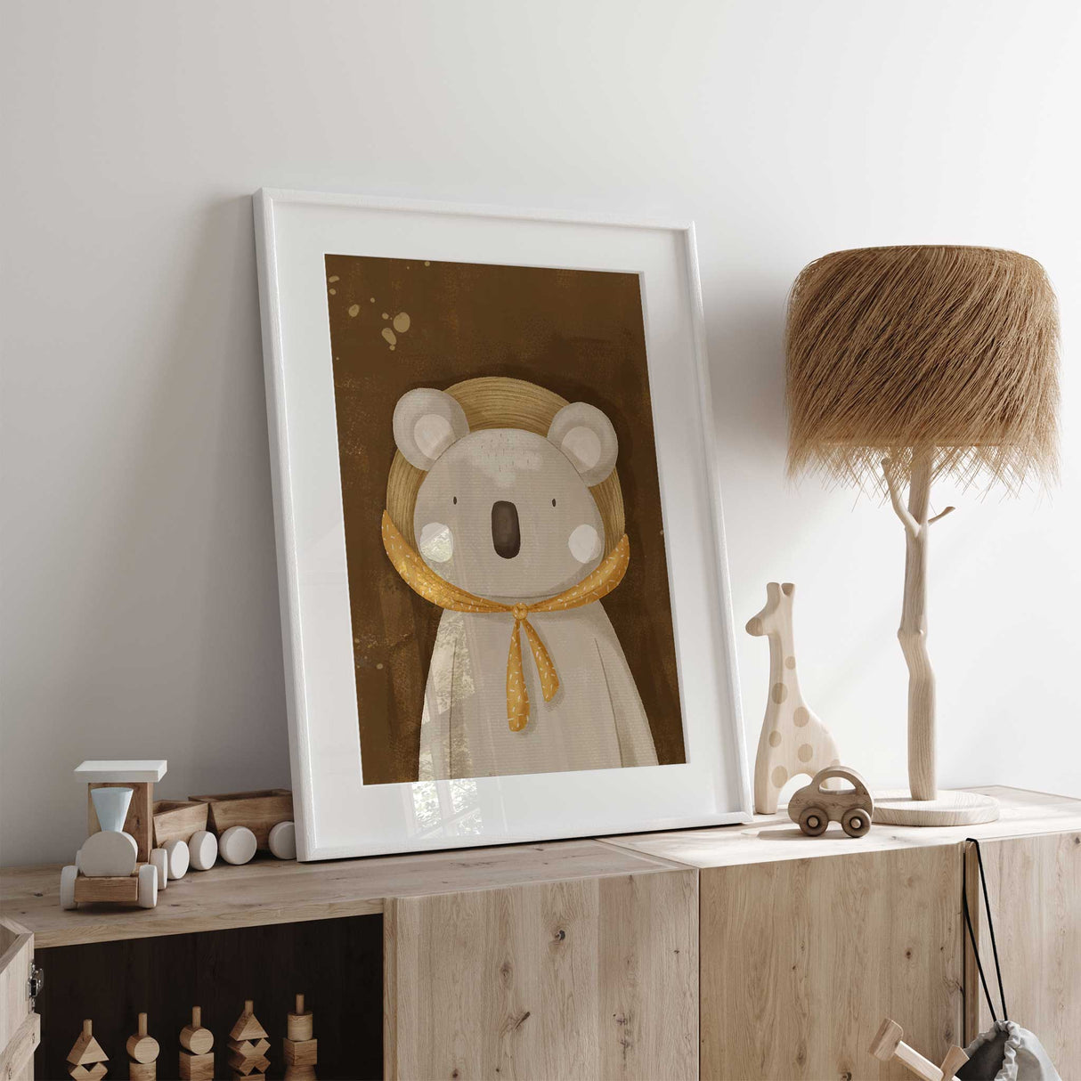 Cute koala wall art print in neutral tones for nursery or kids’ room.