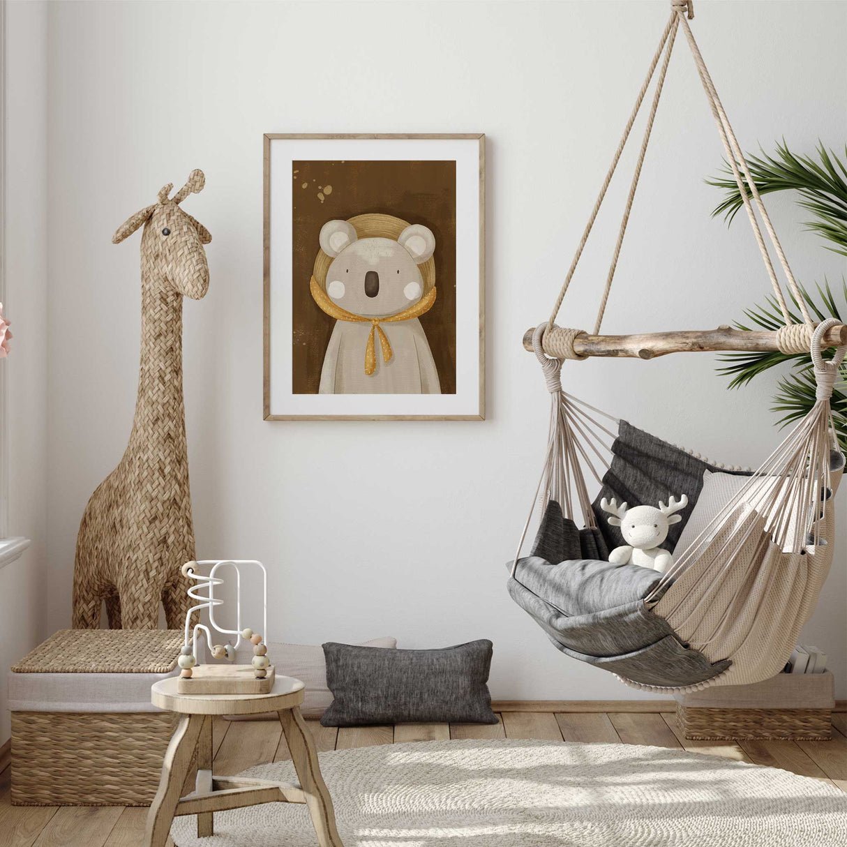 Koala wall art print styled for children’s bedroom or playroom.