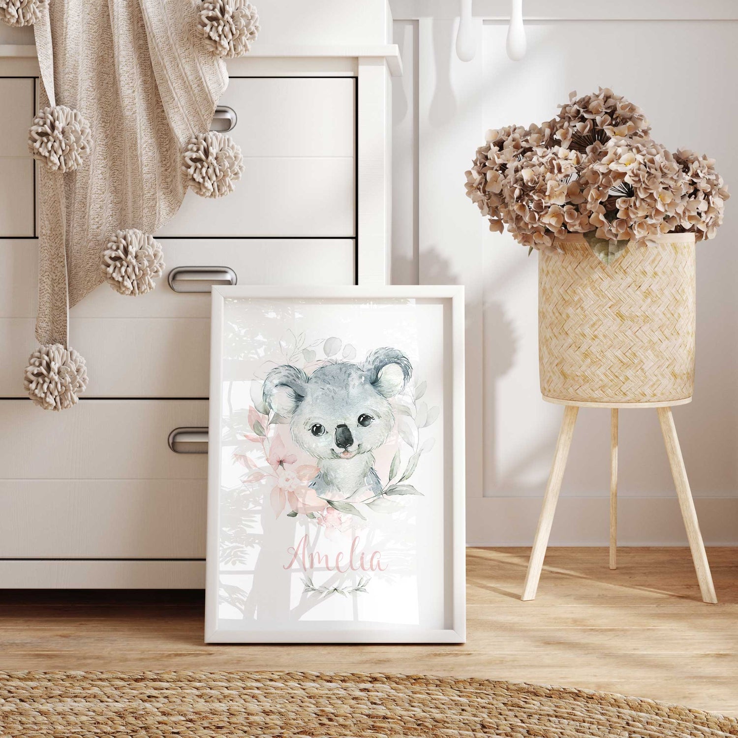 koala nursery art print customised with girl's name, elegant personalised’ bedroom wall décor