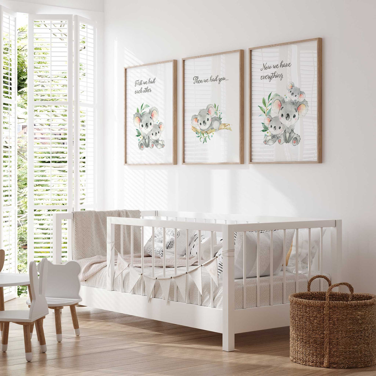 Australian koala wall art prints in a matching nursery set of 3, designed for baby rooms, playrooms and kids wall gallery displays.