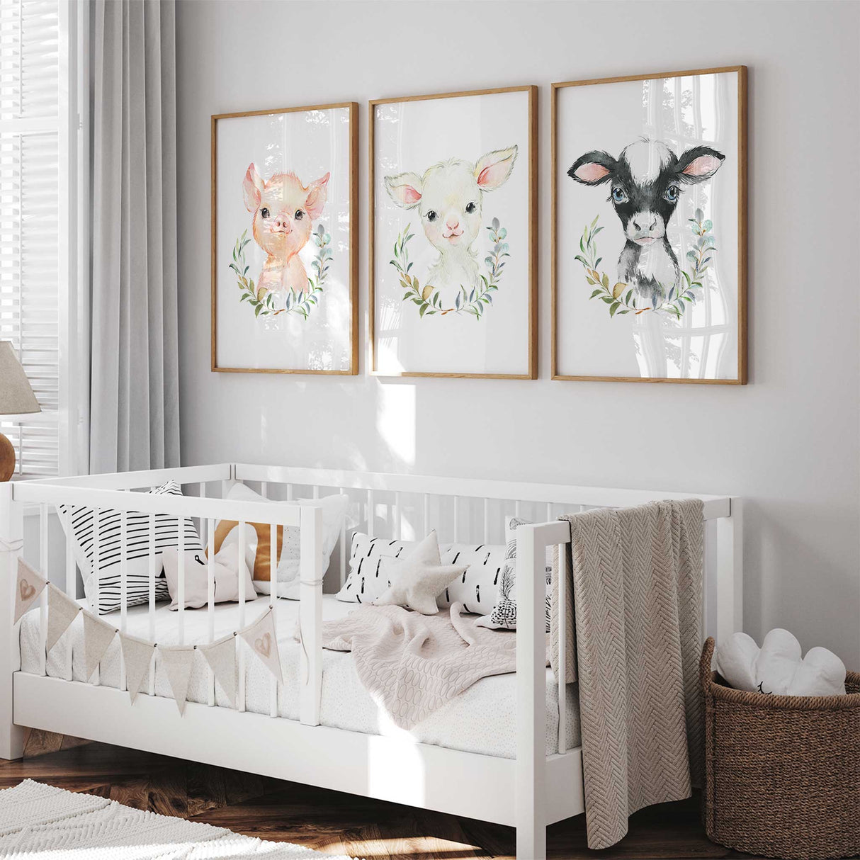 Nursery wall art showing lamb pig and baby cow watercolour animals