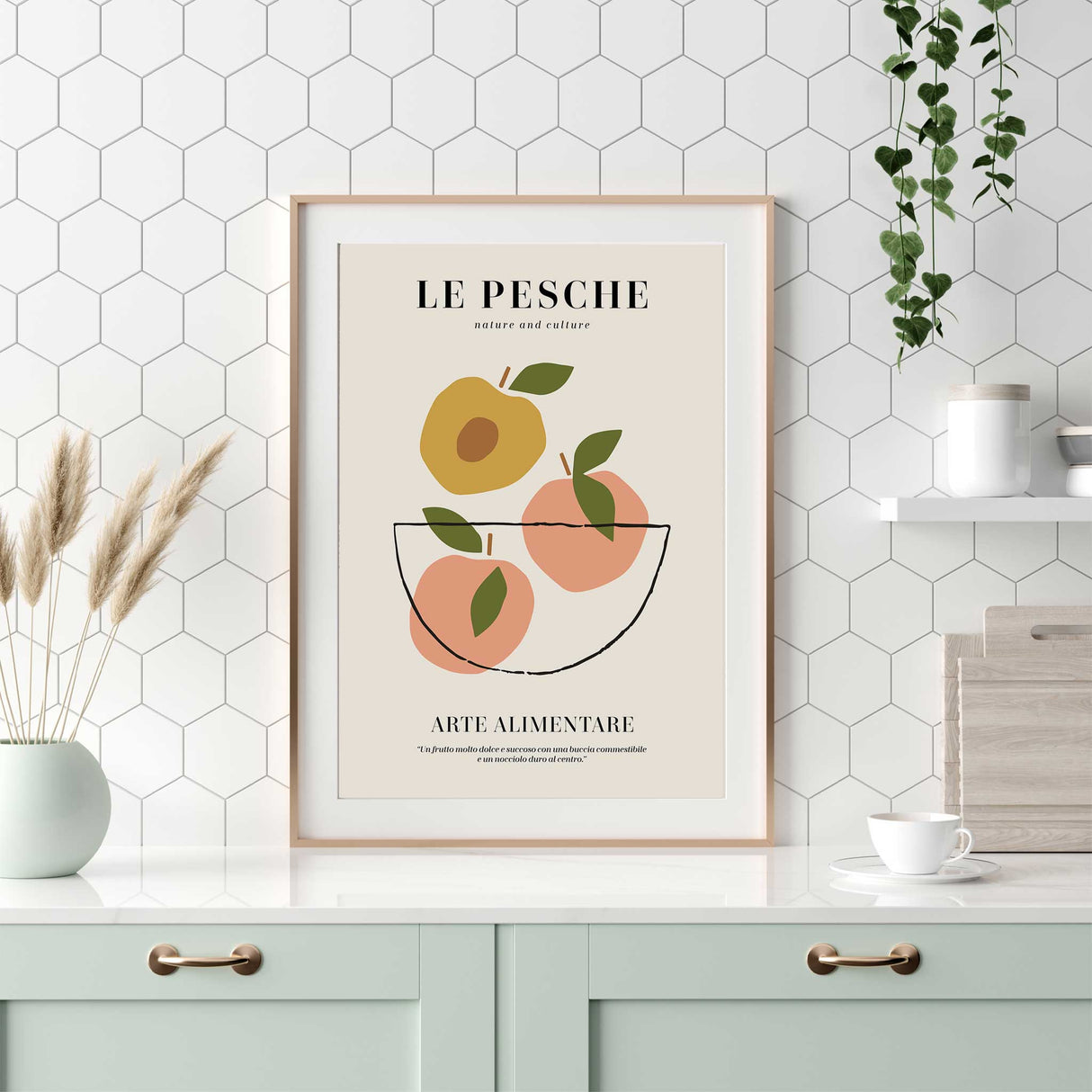 Le Pesche' Scandinavian food art print for modern home, perfect for kitchen, cafe, or dining space