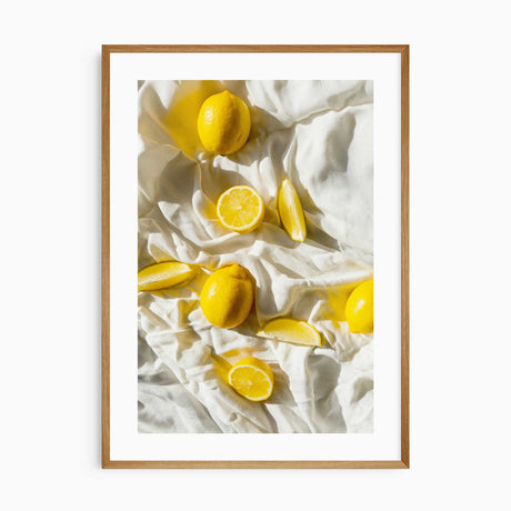 lemon wall art print for kitchen decor with bright citrus on white fabric