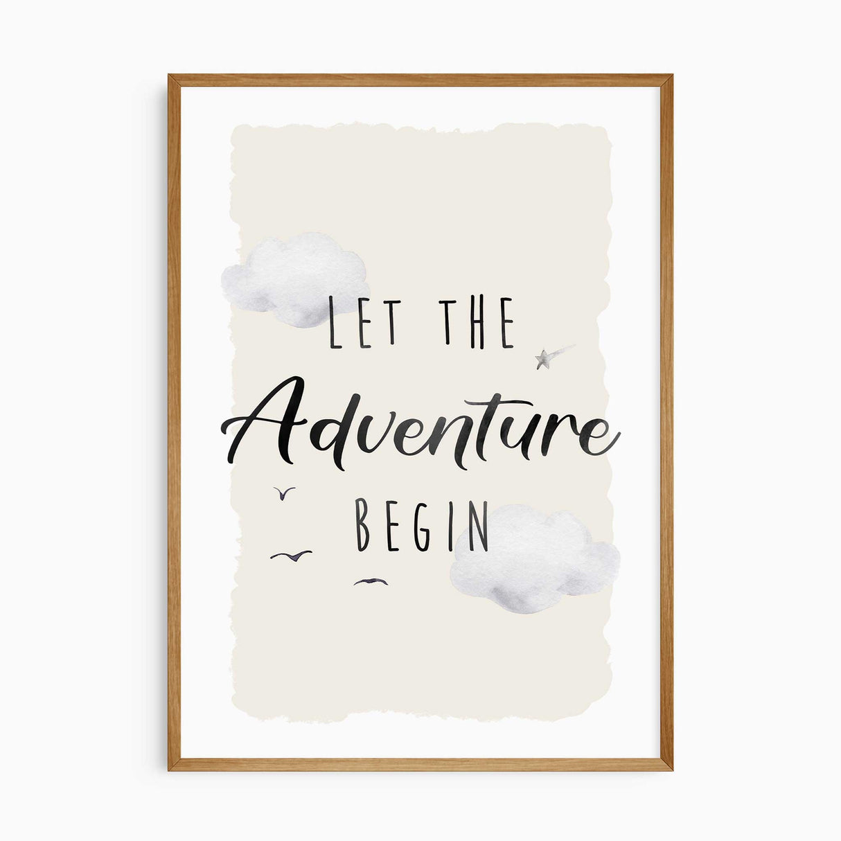 Let the Adventure Begin" quote print with clouds and birds, ideal for woodland and aviation-themed kids' rooms.