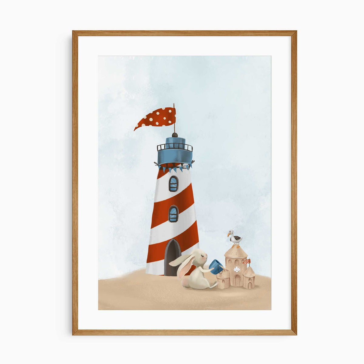Nautical lighthouse print with red and white stripes, a bunny building a sandcastle and a seagull against pale blue sky.
