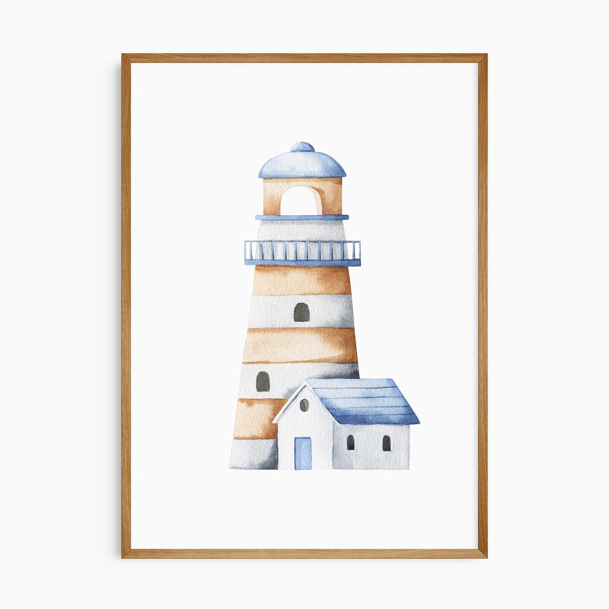 Nautical lighthouse print with blue and beige tones for boys' bedroom wall art