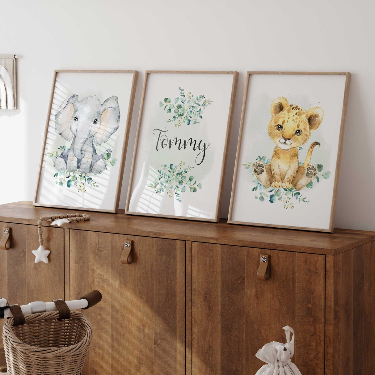 Watercolour baby elephant print with eucalyptus leaves, perfect for a safari-themed nursery