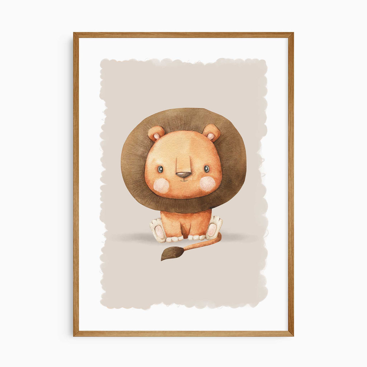 Personalised safari animal nursery print set featuring a lion, elephant, and customisable name design in neutral tones.