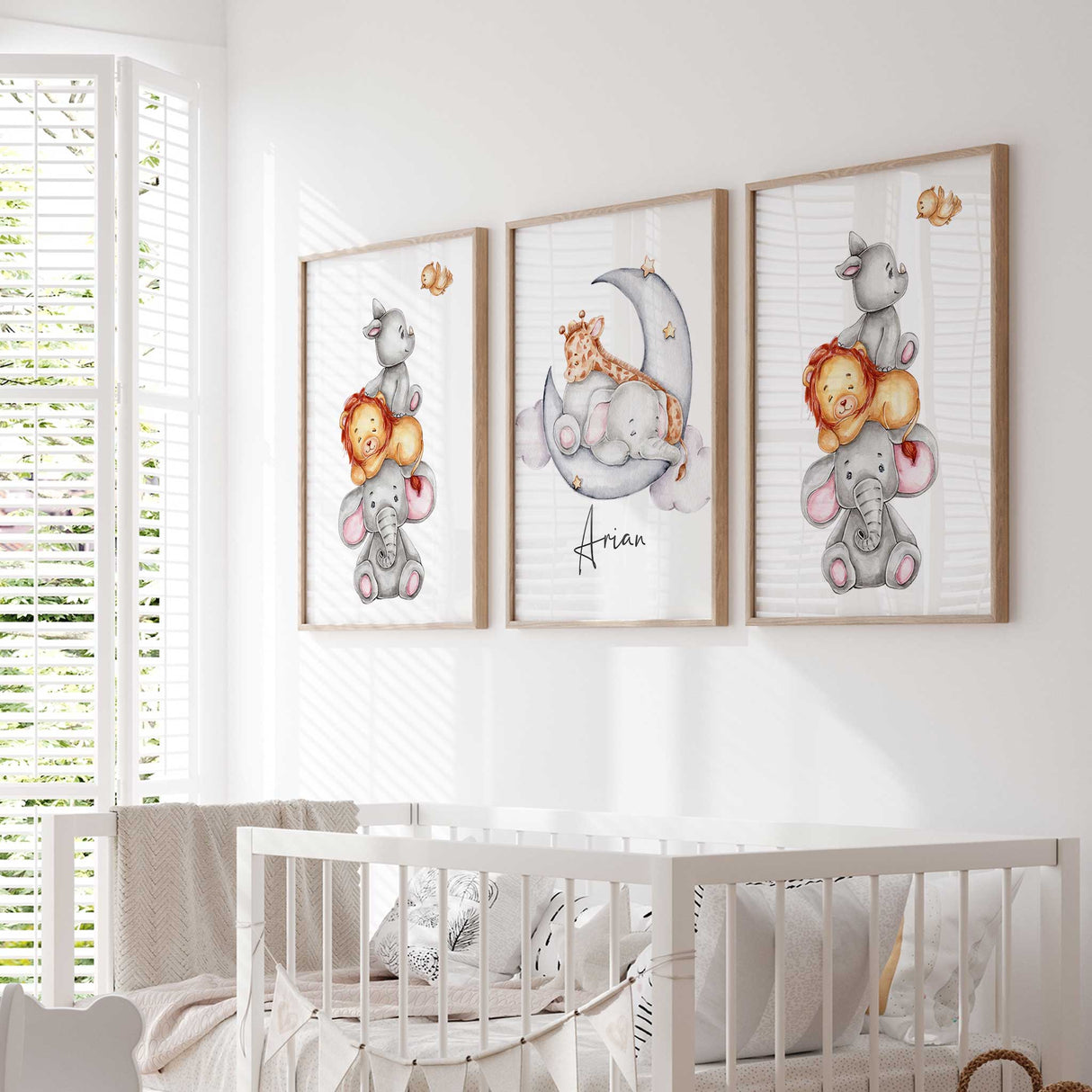 Nursery wall decor with watercolor lion and elephant illustration