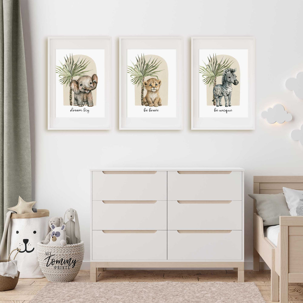 Lion elephant and zebra safari wall art set for baby nursery with palm tree background