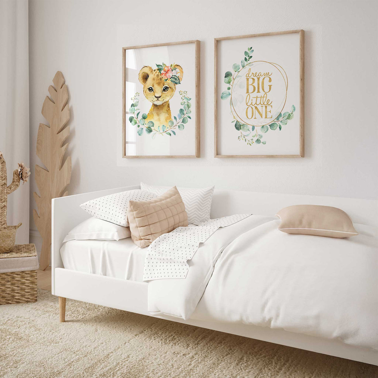 Cute lion nursery wall art with floral crown and soft greenery for girls room
