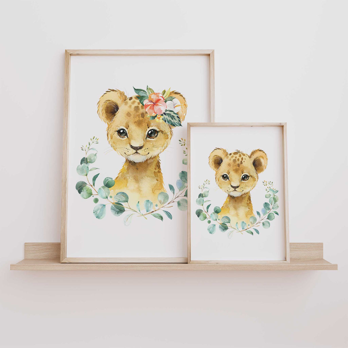 Watercolour lion cub nursery print with and eucalyptus leaves for baby room decor