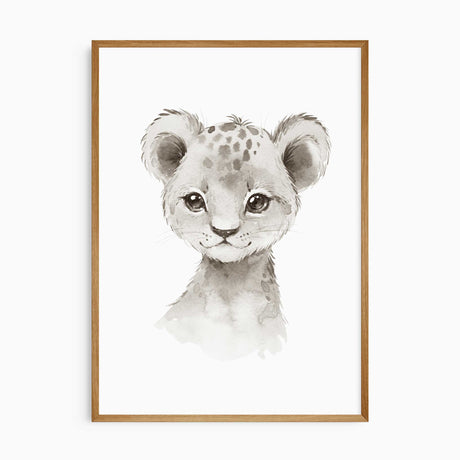 Gentle baby lion cub wall art print in soft neutrals for kids bedroom decor