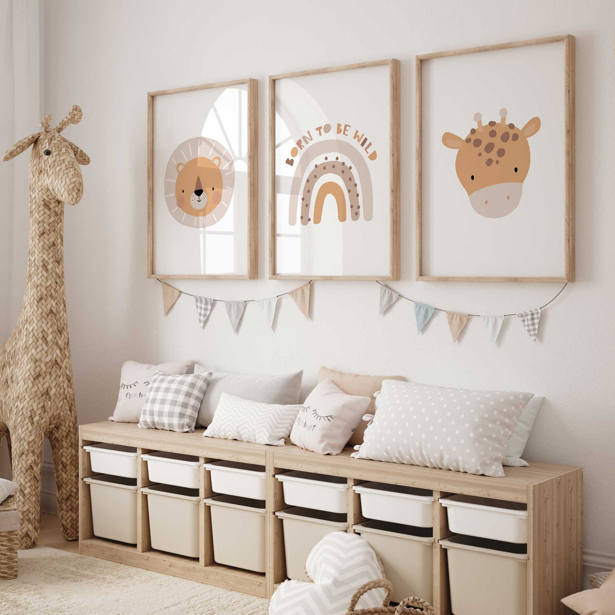 Lion, Born to Be Wild rainbow and giraffe prints with simple animal faces and warm beige, tan and ochre illustrations.