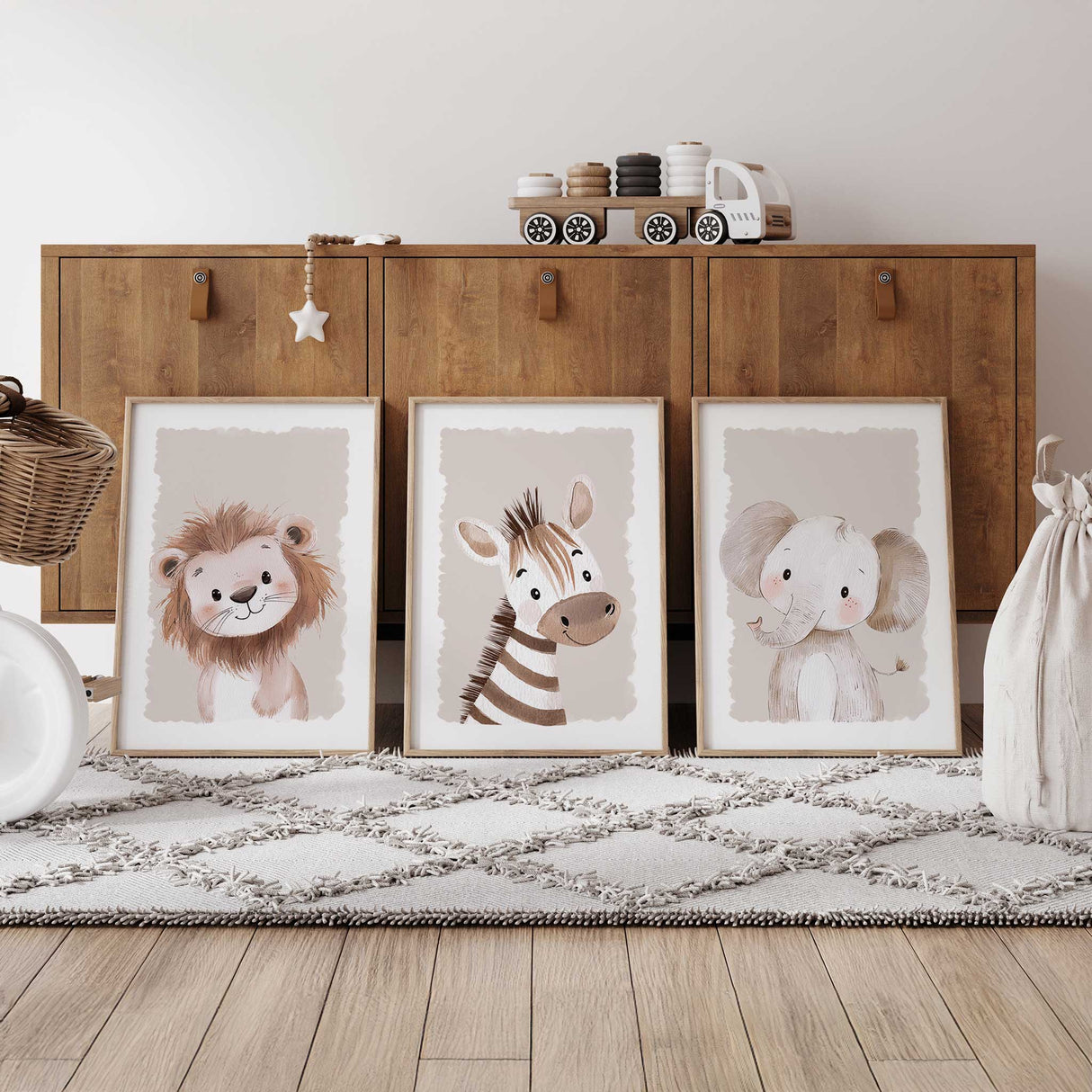 Set of three lion, zebra and elephant nursery prints for gender neutral nursery decor