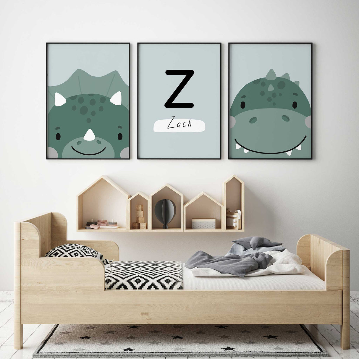 Little boys personalised dinosaur wall art set featuring cute dinosaur characters and custom name print in green and black