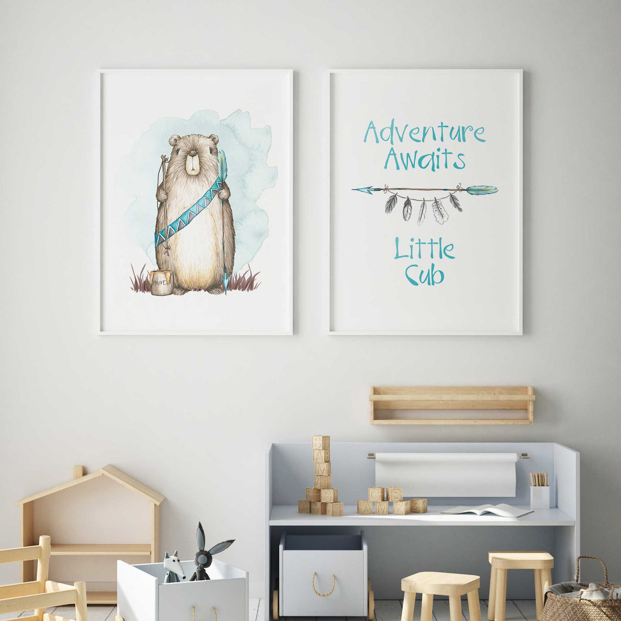 Watercolour bear and quote wall art set with “Little Cub” message, ideal for adventurous boys woodland nursery decor.