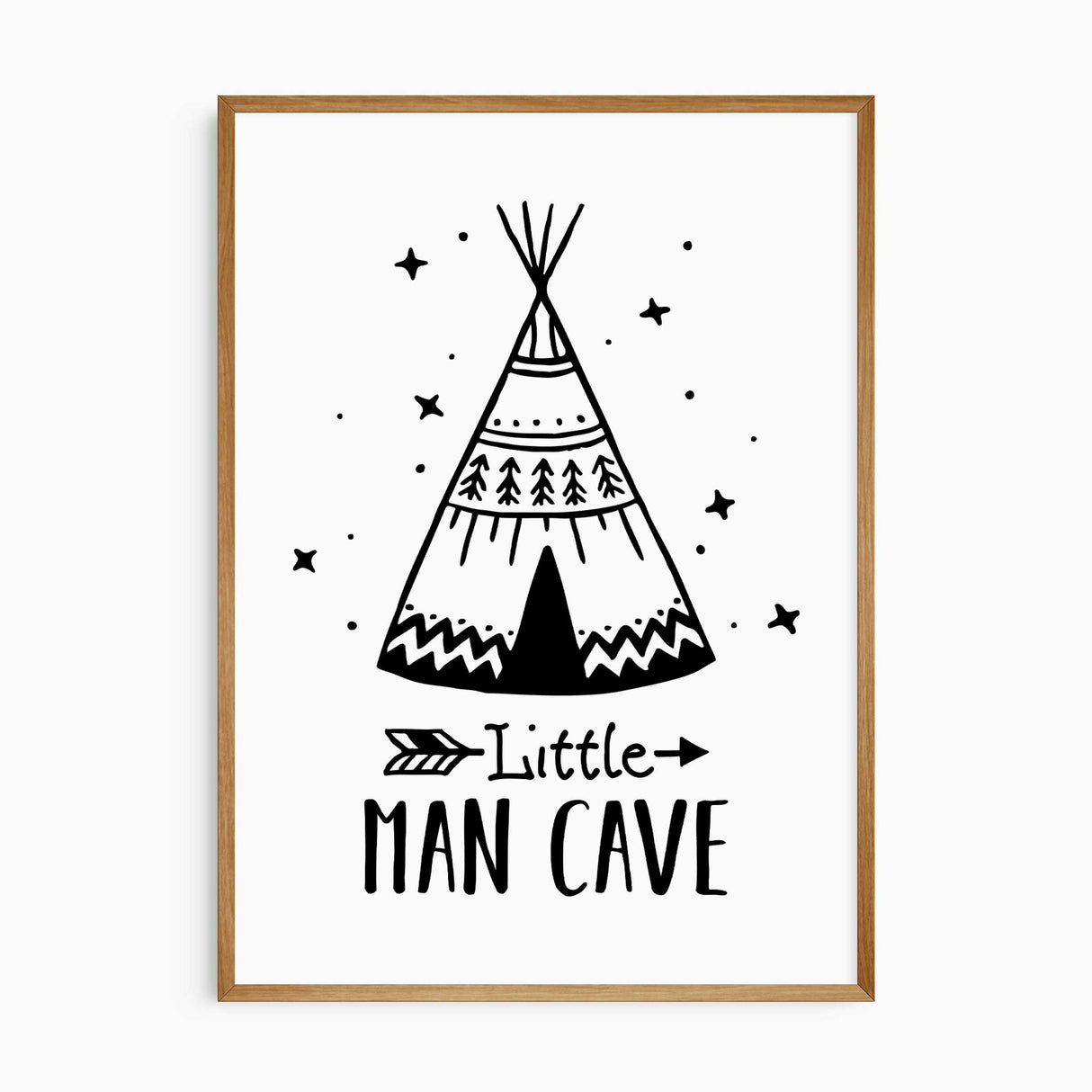 Little Man Cave teepee wall art print for boys nursery or bedroom in black and white
