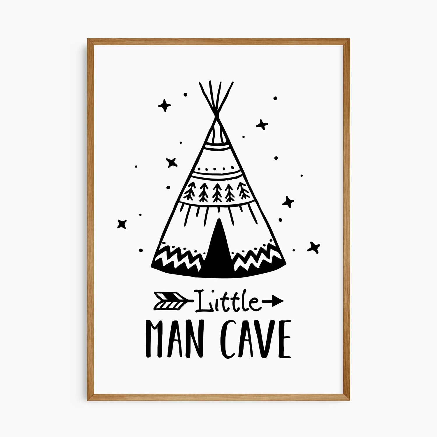 Little Man Cave teepee wall art print for boys nursery or bedroom in black and white