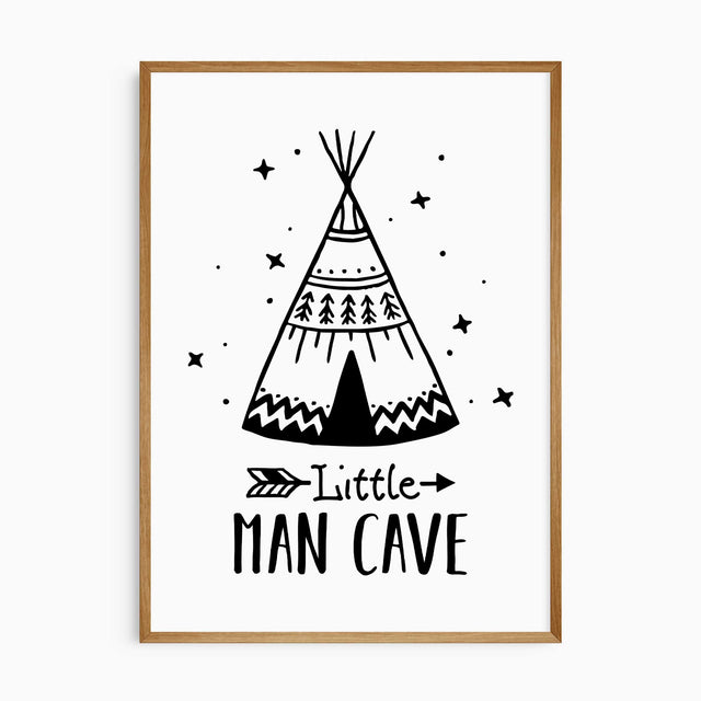 Little Man Cave teepee wall art print for boys nursery or bedroom in black and white