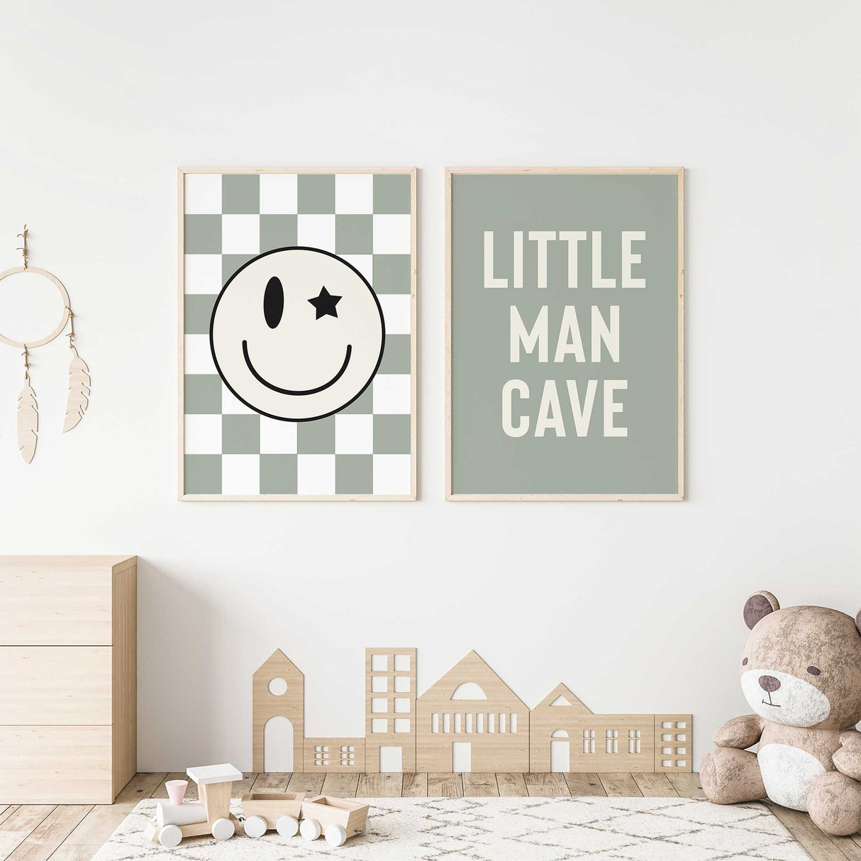 Little Man Cave typography wall art and smiley face set for toddler or boys room decor.