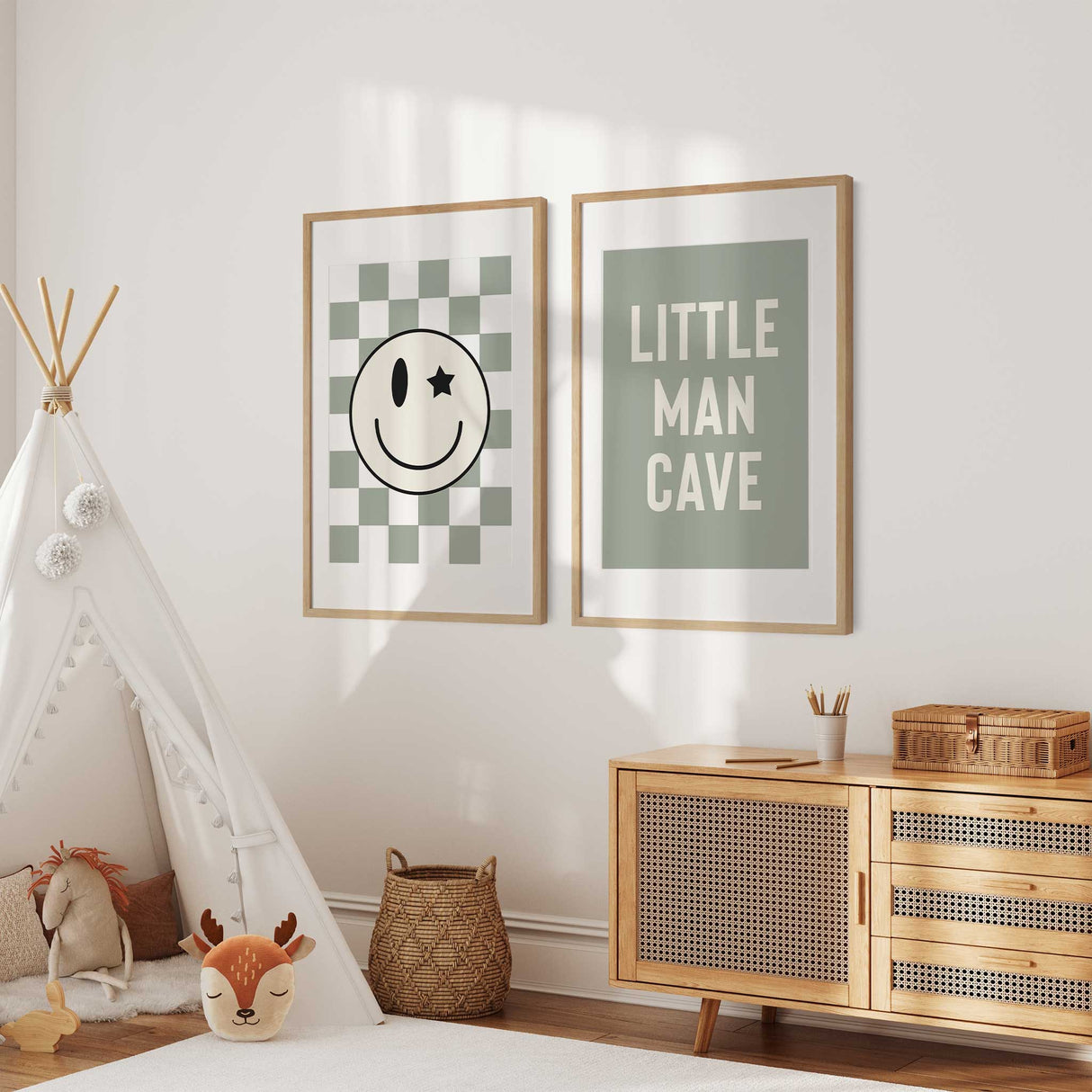 Little Man Cave wall art set with modern typography and smiley face print for boys' room.