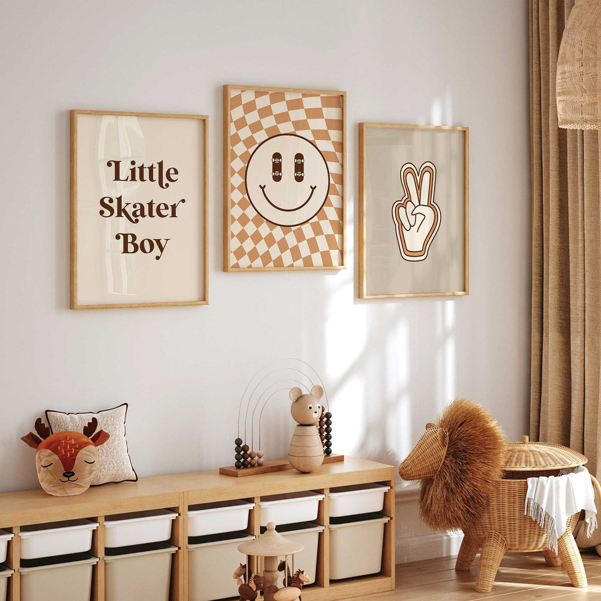 Little Skater Boy quote print paired with smiley skate graphic and peace sign for boys bedroom décor.