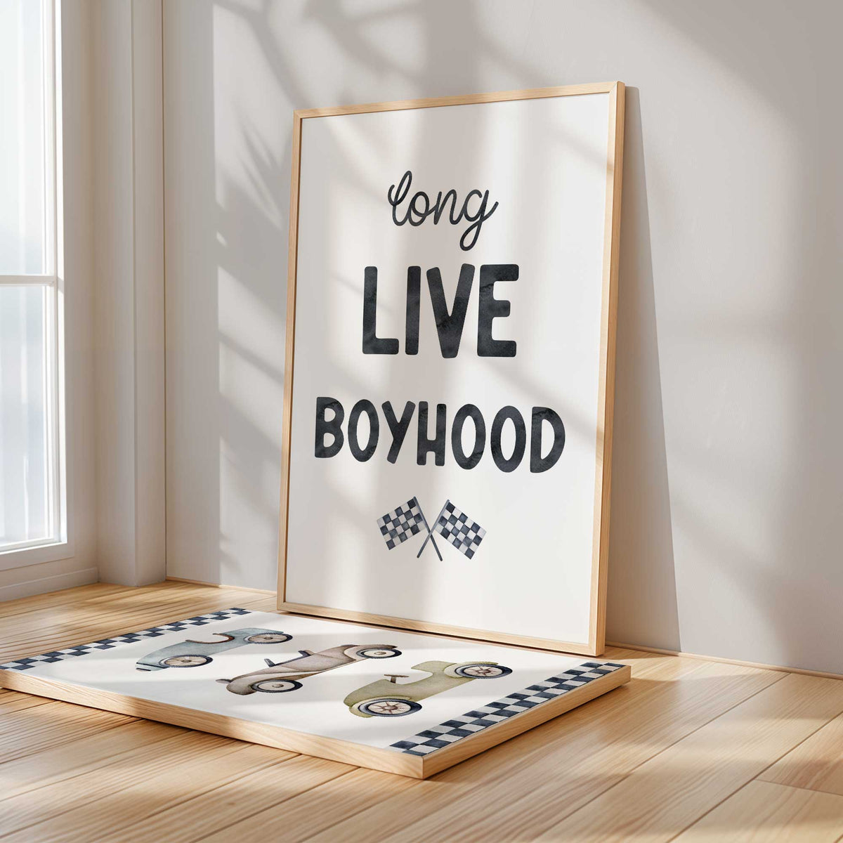 Two prints pairing black Long Live Boyhood lettering and crossed flags with blue, taupe and olive vintage cars on white.