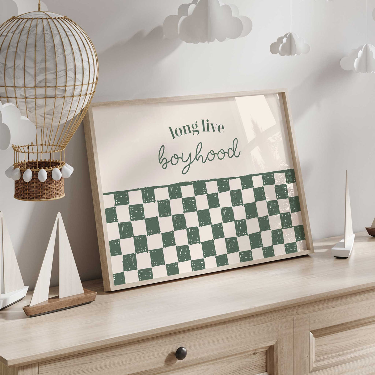 Stylish green and cream kids room print with rustic checkerboard design