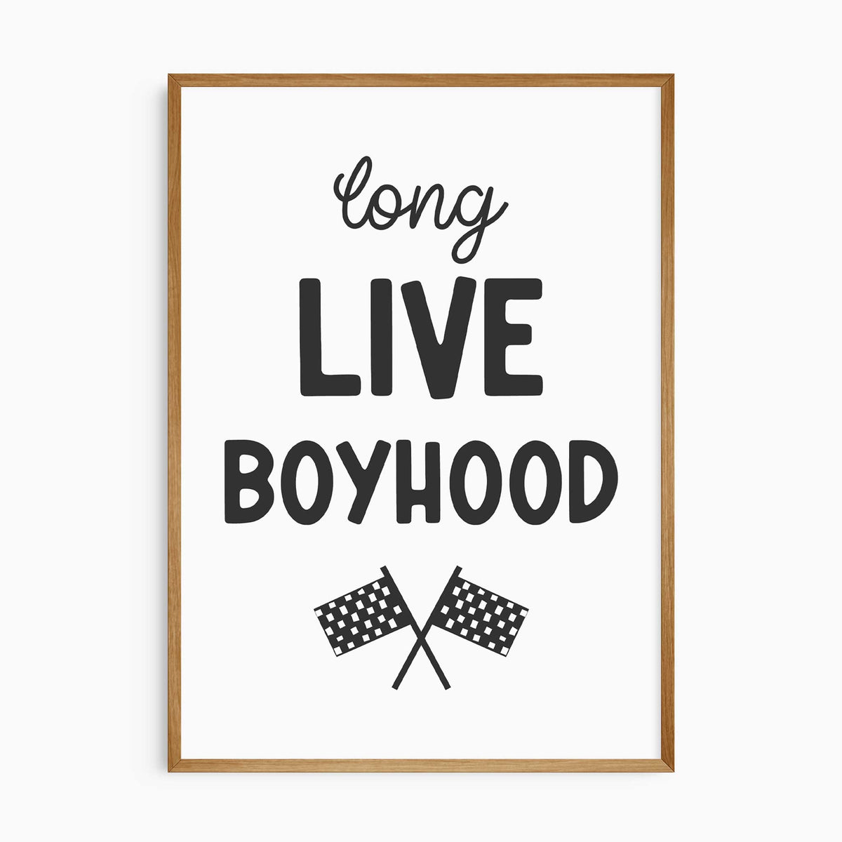 Long Live Boyhood quote print with crossed racing flags from a dinosaur race-car wall art set