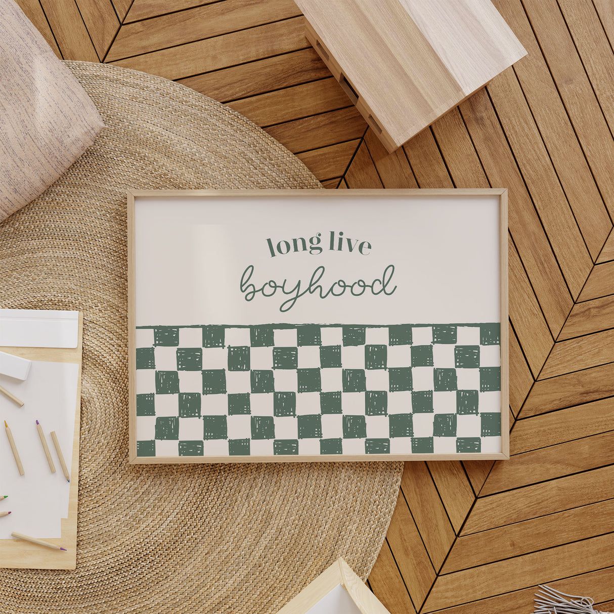 Long live boyhood typography wall art with green checkered pattern on a neutral background